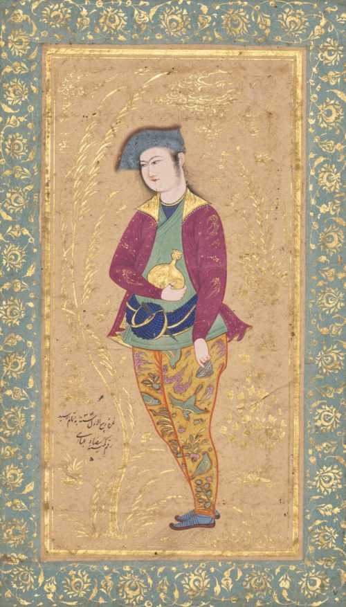 آرتچارت | جوانی ایستاده با یک جام و یک بطری از رضا عباسی