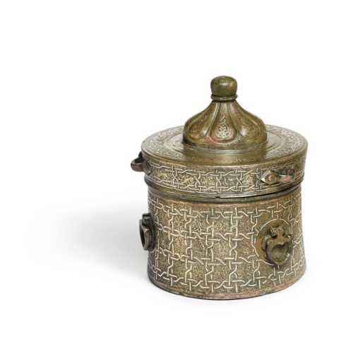 ArtChart | A fine Khurasan silver-inlaid bronze inkwell and cover, signed by Abu’l-Sa’d(?) … Shaburi, inscribed with the name Abu’l-Ma’ali Mawdud ibn Ahmad al-‘Asami, Persia, circa 1200 by Unknown Artist