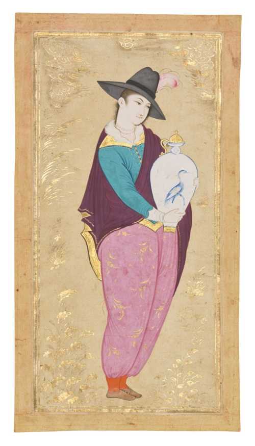 آرتچارت | جوانی با لباس اروپایی در حال حمل ظرف سرامیکی از رضا عباسی