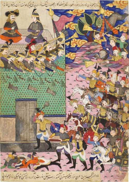 ArtChart | An illustrated and illuminated leaf from the Tarikh-i 'alam-ara-yi Abbasi of Iskander Bayg Munshi: the Uzbek army storms the fort of Isfarain, Persia, Isfahan, Safavid, circa 1650 by Unknown Artist