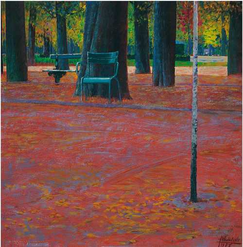 ArtChart | Trees and Green Chairs in the Park by Davood Emdadian