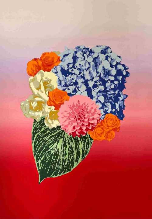 آرتچارت | دسته گلی از رزهای نارنجی و سفید، هورتانسیا و یک کوکب تنها از فرینا بیات