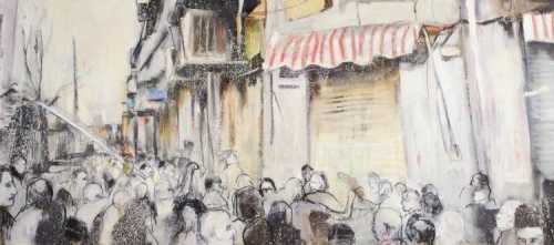 ArtChart | Crowded city street with several figures raising their hands by Tala Madani