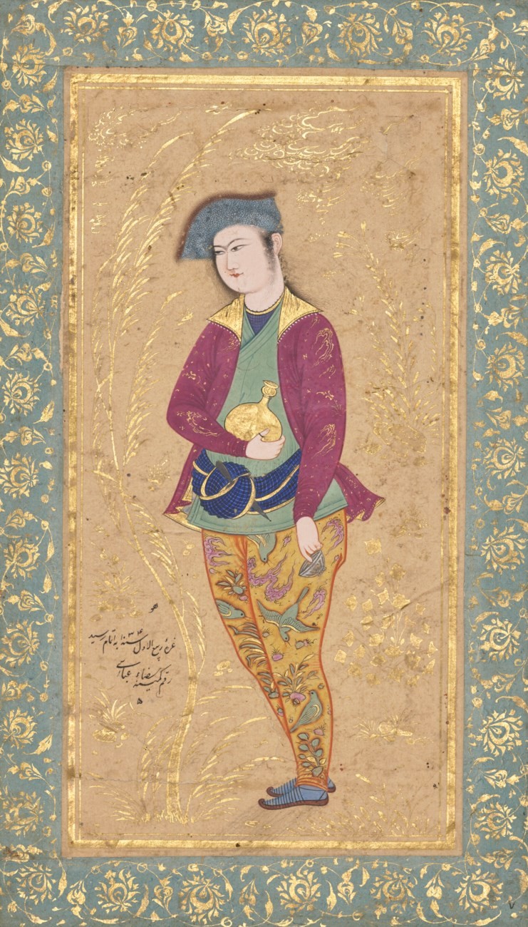 جوانی ایستاده با یک جام و یک بطری (1003)، رضا عباسی